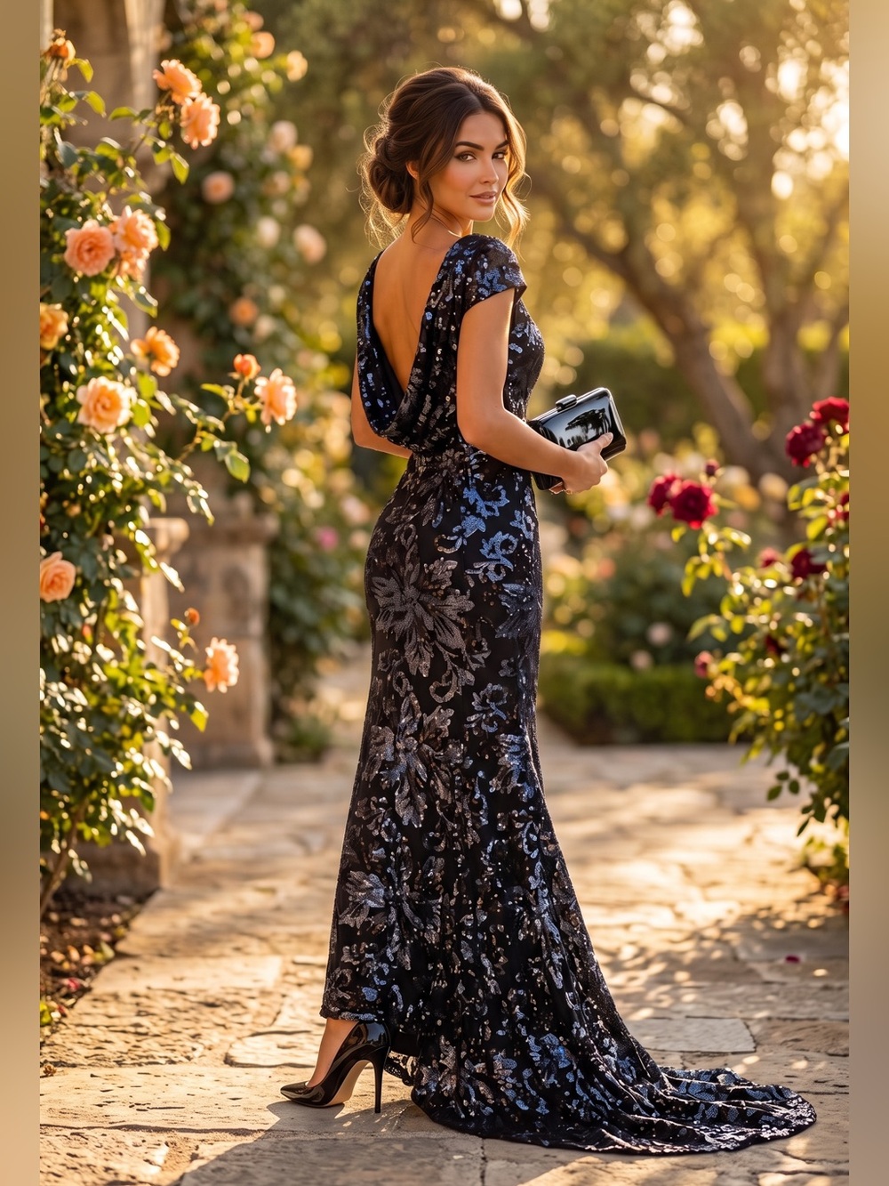 Calvin Klein Cap Sleeve Navy and Silver Formal Sequin Backless Gown